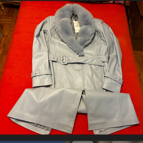 Zara light blue belted faux leather trench coat NWT - Picture 3 of 15